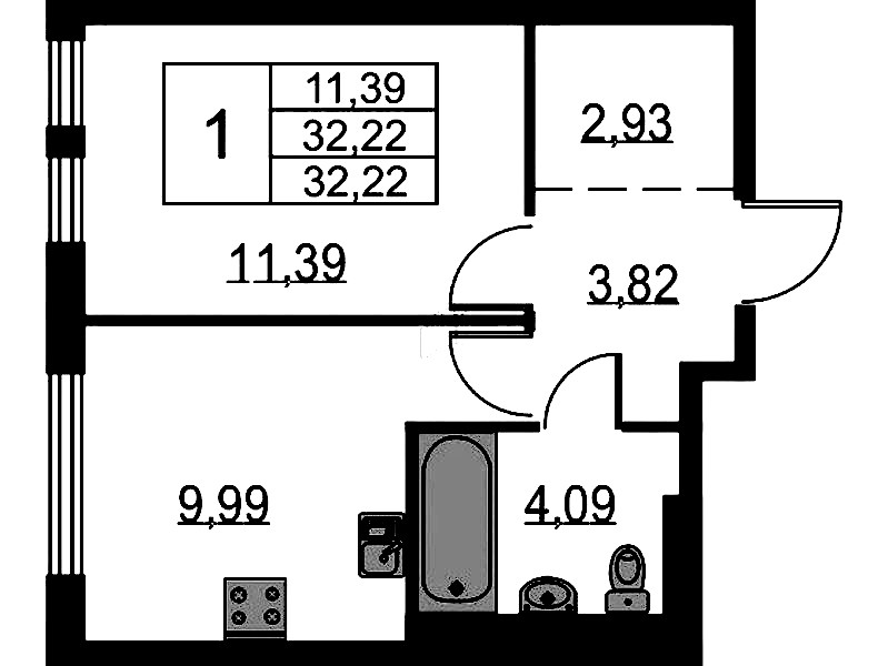 1-комнатная квартира 32.22 м², 1/12 эт., ЖК «Невская Долина»
